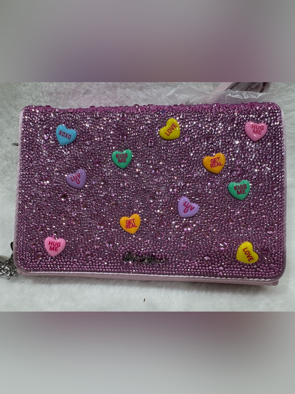 NWOT Betsey Johnson Pink Crystal-Embellished Women's Clutch with Heart Charms